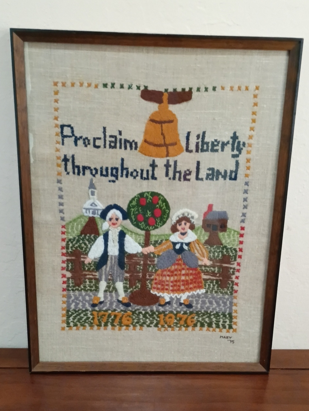 Bicentennial Crewel Embroidery Liberty Sampler, Framed, Vintage 1975